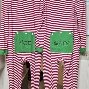 Red and White Striped Pajamas with Green Accents